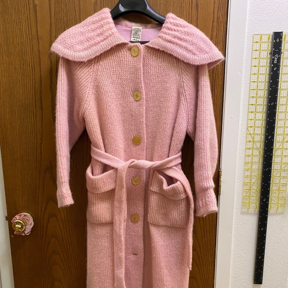 Vintage Pink Austrian Knit Wool Mohair Lined Belted Coat Winter Wedding